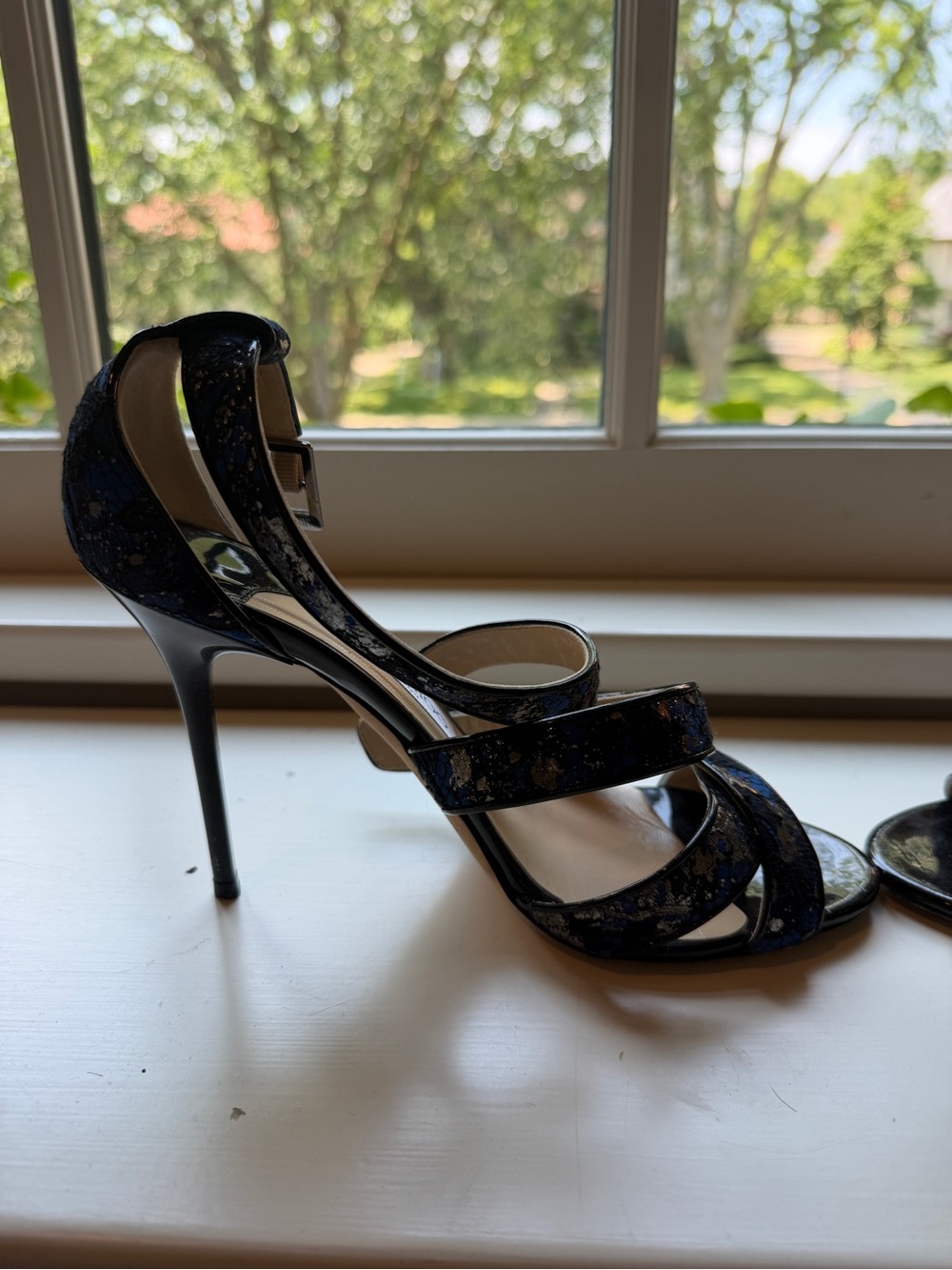Jimmy Choo Blue, Black and Gold Print Strappy Heels - Picture 2 of 4